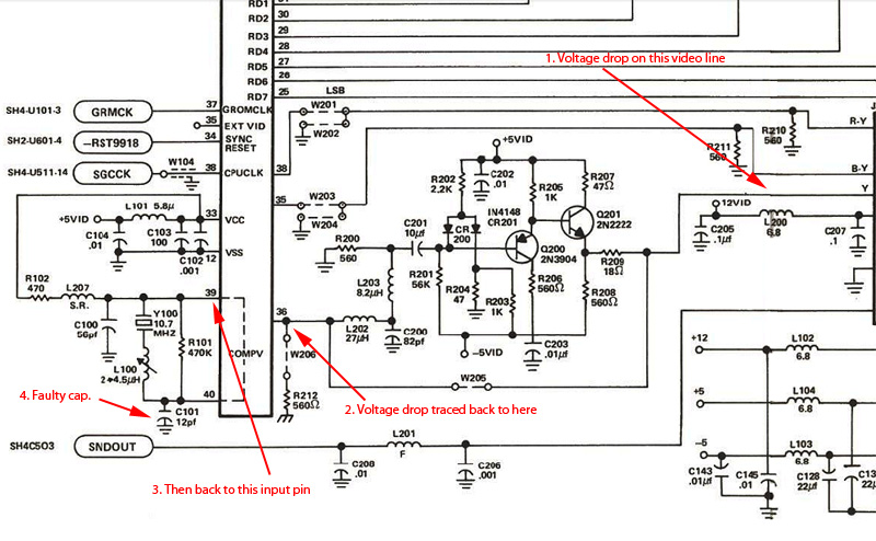 tracing the fault on the circuit diagram